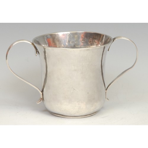 573 - A George II silver bell shaped porringer, quite plain, reeded scroll handles, 8cm high, John Barbe, ... 