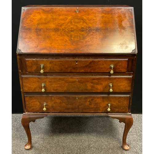 37 - A George III style burr-walnut bureau, 102.5cm high x 76cm wide x 45cm deep, mid 20th century.