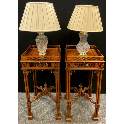 87 - A pair of Chinoiserie Chippendale style lamp tables, pierced galleried top, and frieze, turned Bambo... 