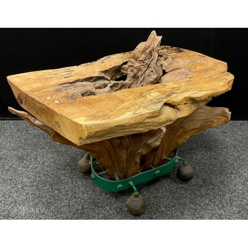 88 - A craftsman made rustic coffee table, Spalted Ash wood top, tree root base with metal foot, 48cm hig... 