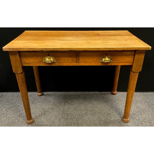 96 - An oak low-boy / side table, over-sailing rectangular top, pair of short drawers to frieze, 76.5cm h... 