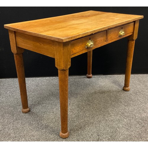 96 - An oak low-boy / side table, over-sailing rectangular top, pair of short drawers to frieze, 76.5cm h... 