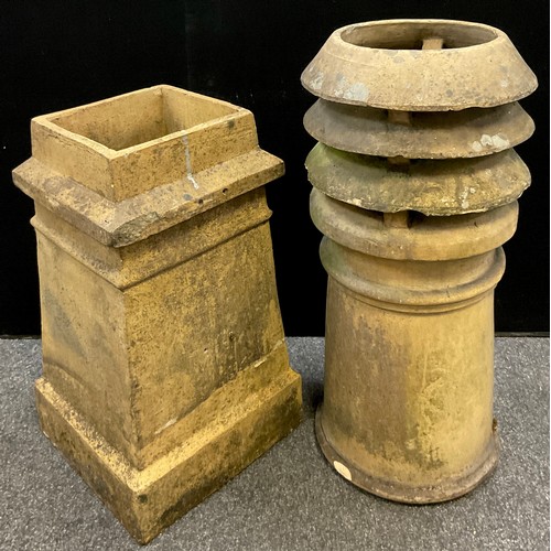 117 - Architectural salvage - a triple Louvre buff coloured chimney pot, 73cm high x 35cm wide;  a square-... 