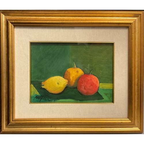 137 - Marcello Fiori, Lemon, orange, apple, signed, oil on canvas, 15cm x 23cm