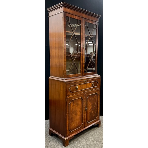 144 - A George III style mahogany Secretaire bookcase, dentil cornice, astral-glazed doors enclosing two t... 