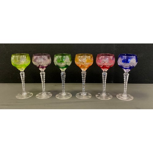 150 - A set of six Bavarian flashed and cut glass hock glasses, each bowl in a different colour tone inc G... 