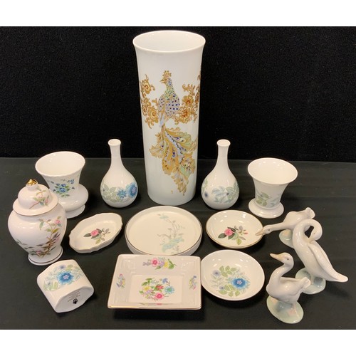 155 - Ceramics - three Lladro Geese, Wedgwood Clementine, Hathaway Rose, Kaiser Rhapsody pattern cylinder ... 