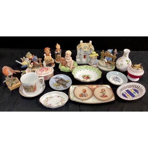 181 - Decorative ceramics including; Staffordshire flatback money bank, German bisque figure group of baby... 