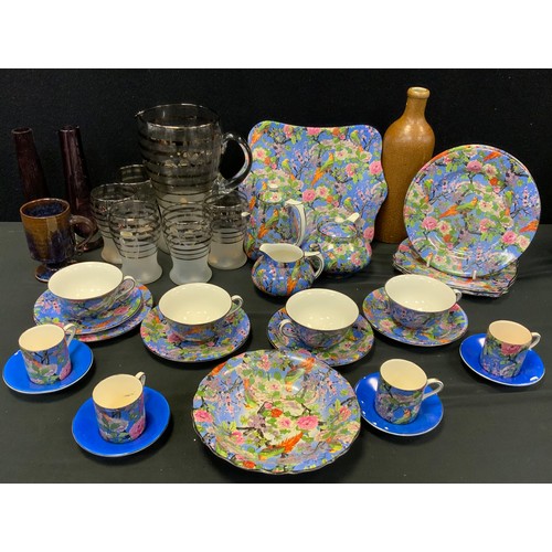 193 - A Crown Ducal Parrots pattern part tea and coffee set;  glass vases, studio pottery cup etc