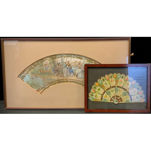 202 - A Fan mounted on board decorated with 19th century scene of courting gentleman, 27cm x 51cm, another... 