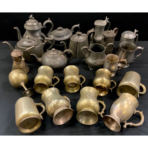 226 - A quantity of 19th century pewter tea pots, other metal ware etc