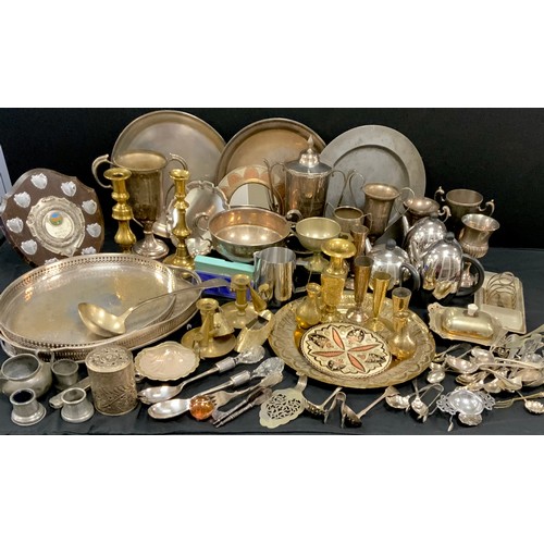 231 - Plated ware - galleried trays,43cm long, local trophies, cut glass top serving spoons, Indian hammer... 