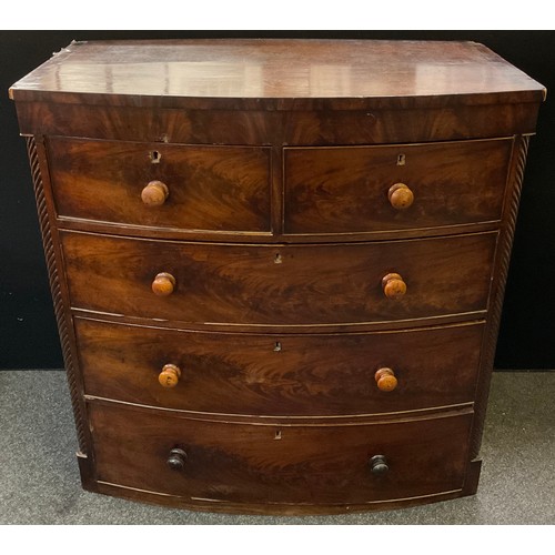 263 - A Victorian mahogany bow-front chest of drawers, two short, over three graduated long drawers, carve... 