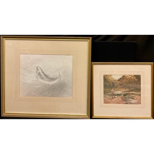 283 - Owen Williams, Brown Trout, signed, dated ‘86, fine pencil drawing, 26,5cm x 32.5cm;  etc, (2).