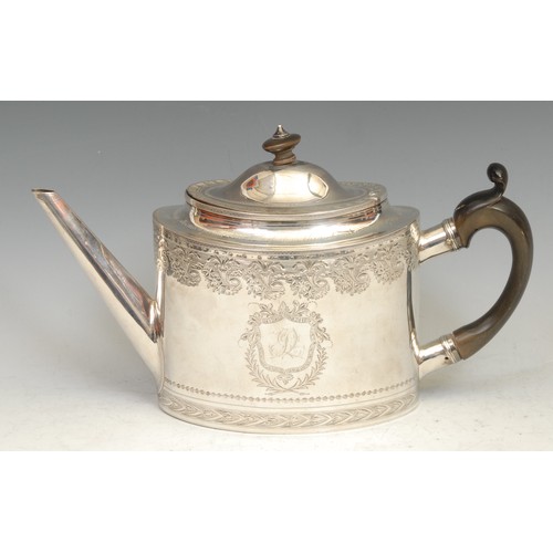 486 - Maritime Interest - a large George III silver oval teapot, bright-cut engraved and outlined througho... 