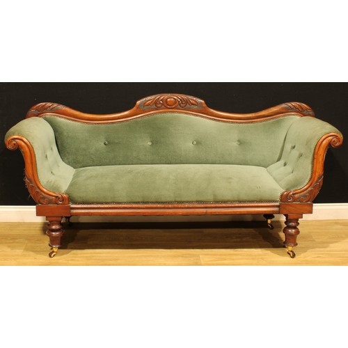 1225 - A Victorian mahogany lyre-arm sofa, serpentine back, stuffed-over upholstery, turned legs, 94cm high... 