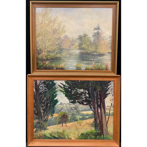 284 - M. Lewis, View through the Cedars, signed, oil on board, 46cm x 61cm;  M. Bakewell, Dawn over the La... 