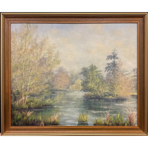 284 - M. Lewis, View through the Cedars, signed, oil on board, 46cm x 61cm;  M. Bakewell, Dawn over the La... 