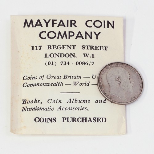 2651 - UK silver coin – half-crown Edward VII 1905, AVF, with Mayfair Coin Co. 117, Regent Street, London, ... 