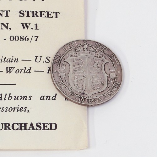 2651 - UK silver coin – half-crown Edward VII 1905, AVF, with Mayfair Coin Co. 117, Regent Street, London, ... 