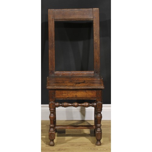 1227 - A harlequin pair of 18th century oak backstools, boarded seats, H-stretchers, the largest 85.5cm hig... 