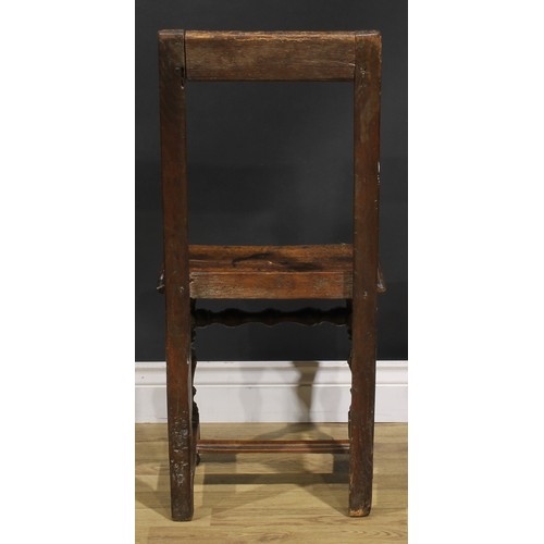 1227 - A harlequin pair of 18th century oak backstools, boarded seats, H-stretchers, the largest 85.5cm hig... 