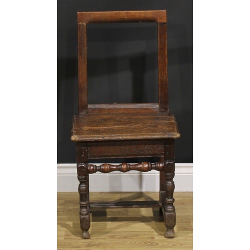 1227 - A harlequin pair of 18th century oak backstools, boarded seats, H-stretchers, the largest 85.5cm hig... 