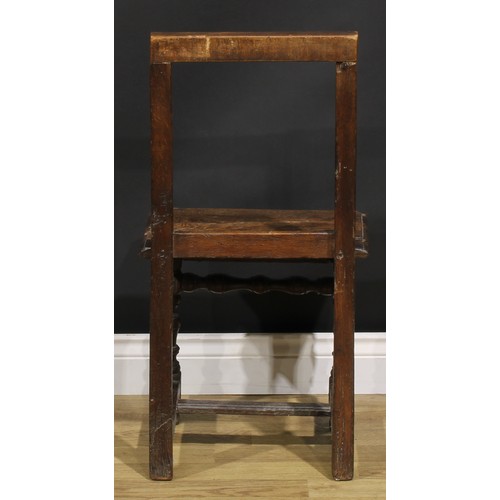 1227 - A harlequin pair of 18th century oak backstools, boarded seats, H-stretchers, the largest 85.5cm hig... 