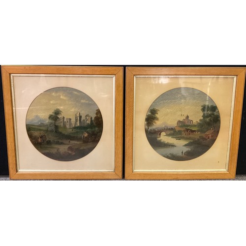 314 - Continental school (19th century), a pair, landscapes with castle and figures, oils on canvas, circu... 