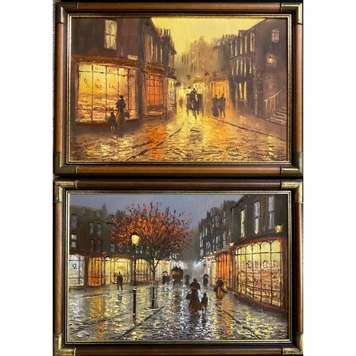 317 - John Bampfield (British, 20th century), a pair, Lamp-lit streets after rain, signed, oils on canvas,... 