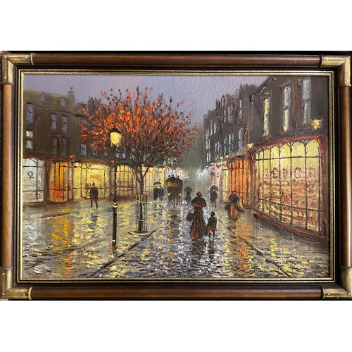 317 - John Bampfield (British, 20th century), a pair, Lamp-lit streets after rain, signed, oils on canvas,... 