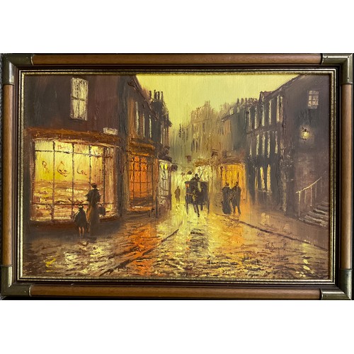 317 - John Bampfield (British, 20th century), a pair, Lamp-lit streets after rain, signed, oils on canvas,... 