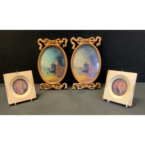 364 - A pair of reproduction George III style portrait miniatures, as Gentlemen, white frames, 11cm high; ... 