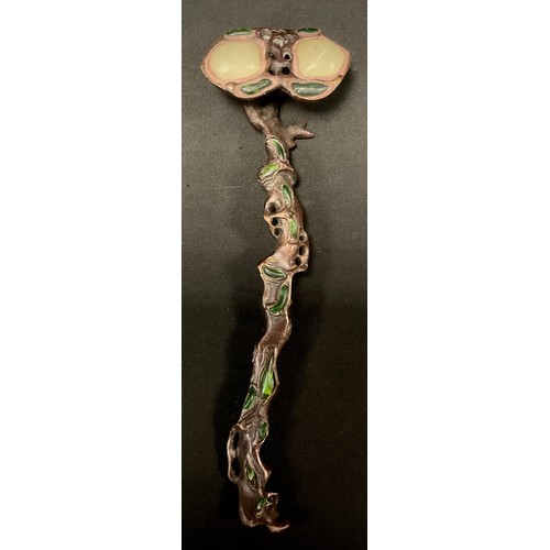 367 - A bronzed metal Ruyi sceptre, in the archaic manner, mounted with assorted green stone panels, 27cm ... 