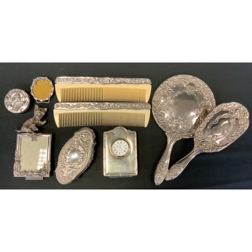 392 - A Concorde silver travel clock, R Carr, Sheffield 1995;  silver topped cut glass Dressing table tidy... 