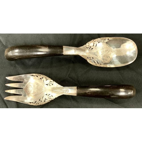 397 - A dual set of Middle eastern serving spoons, horn handles, stamped silver, 30cm (2)