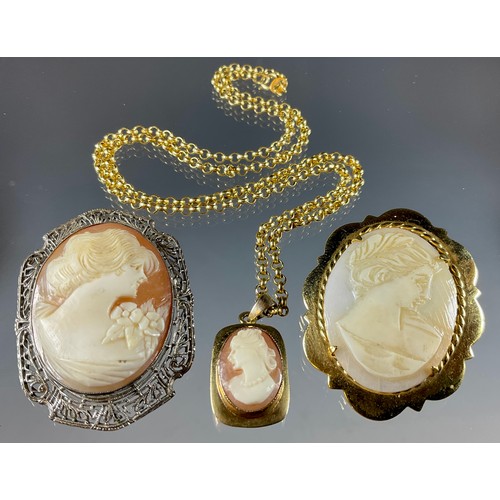 408 - A 9ct mounted cameo pendant necklace, stamped 375 9, 4.6g gross;  yellow metal mounted brooch etc (3... 