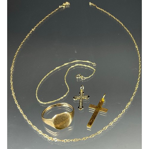 414 - Jewellery - a 9ct gold signet ring, stamped 9ct, size V, 3.7g;  9ct gold cross pendant necklace etc ... 