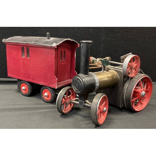 130 - A Mamod TE1A Live Steam engine, brass body,  rubber ring tracked front and rear wheels., no canopy, ... 