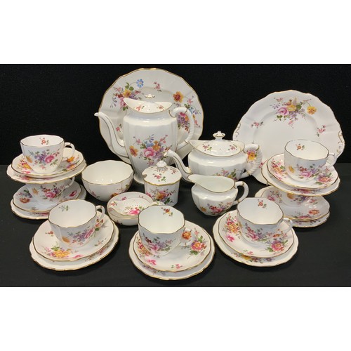 212 - A Royal Crown Derby posies tea set, for seven inc teapot, hot water jug,, milk jug sugar bowl, bread... 