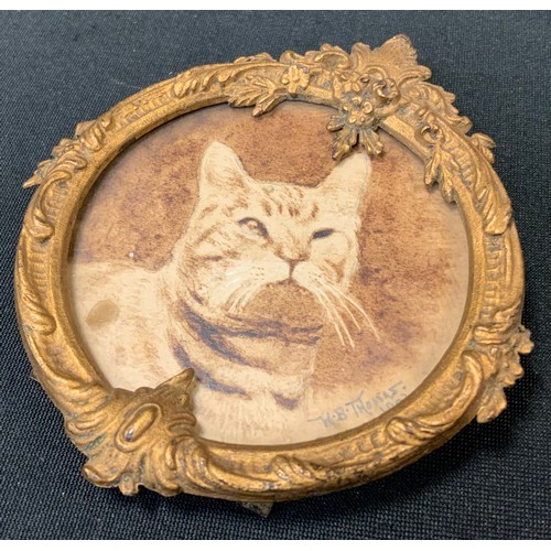 198 - W B Thomas - miniature, Cats Distain, sepia watercolour, signed and dated 1902, 5.5cm diameter, orna... 