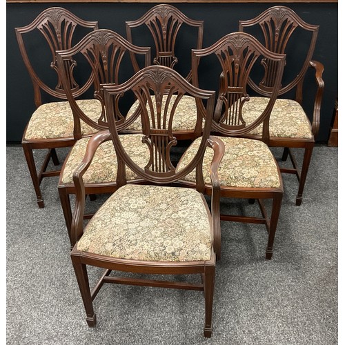 274 - A set of six Hepplewhite style mahogany Shield-Back and Wheat-sheaf dining chairs, drop-in seats, ta... 