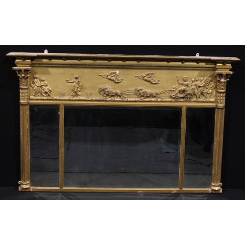 2050 - A 19th century giltwood and gesso triple-plate chimney glass, moulded cornice applied with a row of ... 