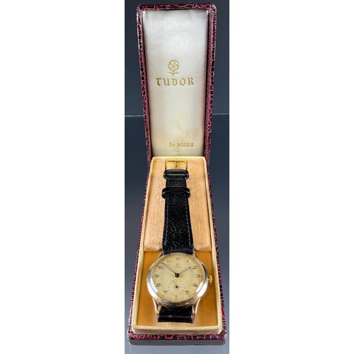 20 - Tudor Rolex - a 1950s 9ct gold cased wristwatch, 31mm diameter case, with textured dial, Arabic nume... 