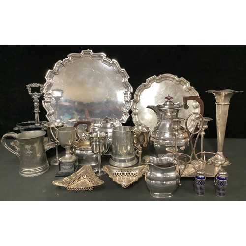 5143 - A silver plated four piece coffee and tea service; a large footed tray with employment recognition i... 