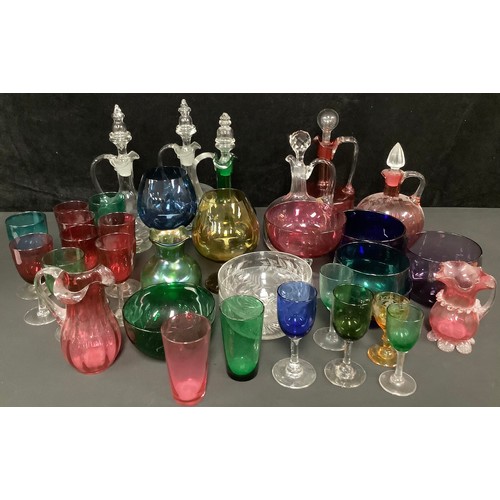 5147 - A pair of 19th century free blown clear glass decanters or claret jugs; others, emerald green and cr... 