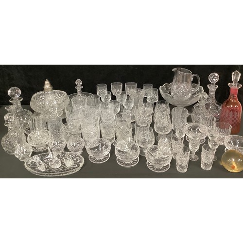 5181 - Glassware - a pair of cut glass stoppered decanters, a cranberry overlay cut stoppered decanter; oth... 