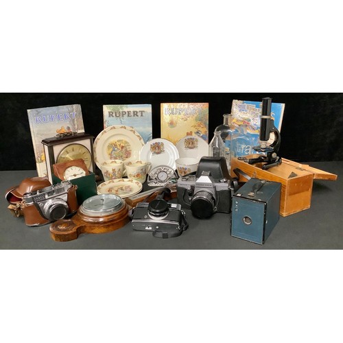 5185 - A Spindley & Hoyer student's microscope, cased; a Praktika MTL3 SLR camera; other cameras; a pair of... 