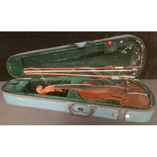 5190 - A violin, the two-piece back 36cm long excluding button, 37cm long overall; two bows apparently unsi... 