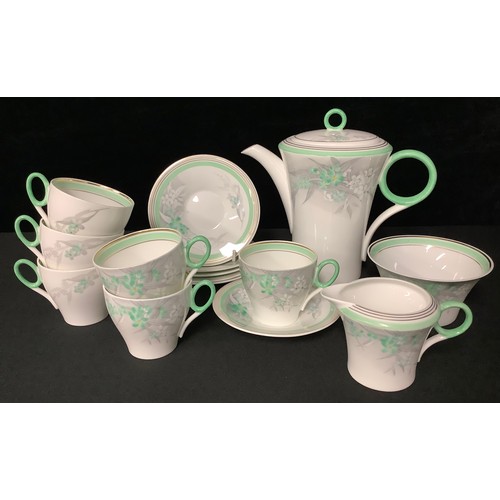 5107 - A Shelley coffee service for six, green and white blossoms comprising teapot, sugar bowl, milk jug, ... 